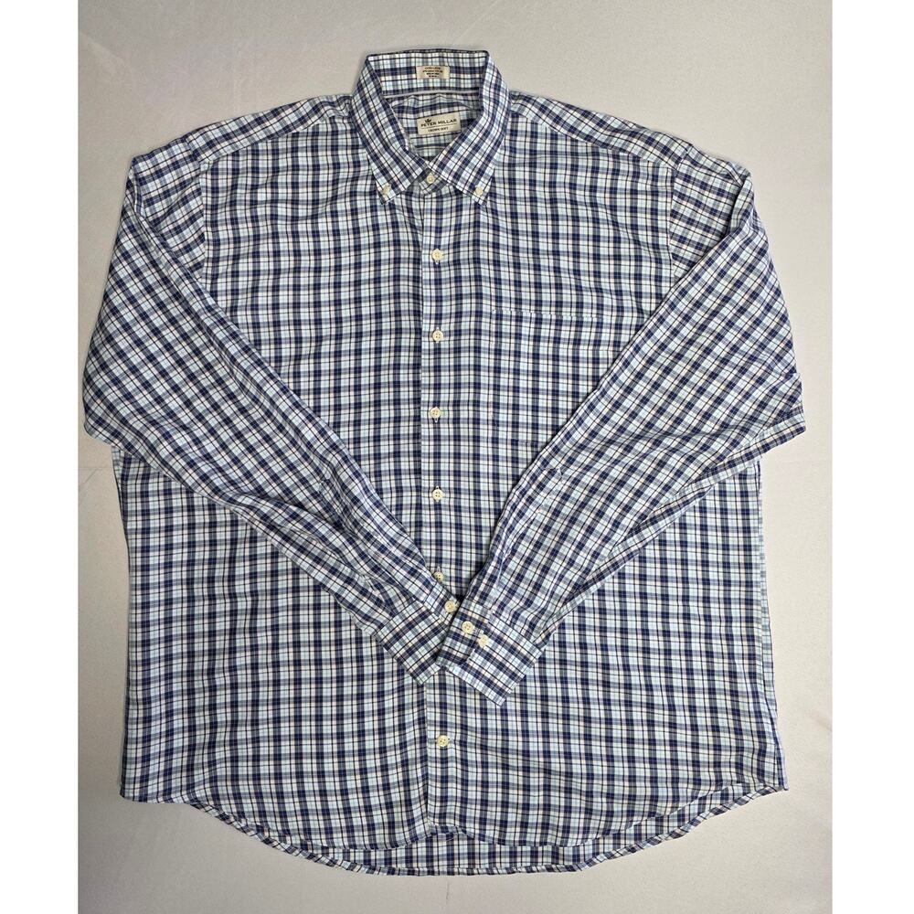 Peter Millar Crown Soft Blue Plaid Button Up Casual Preppy Size XL